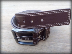 Leather belt double stitching brown